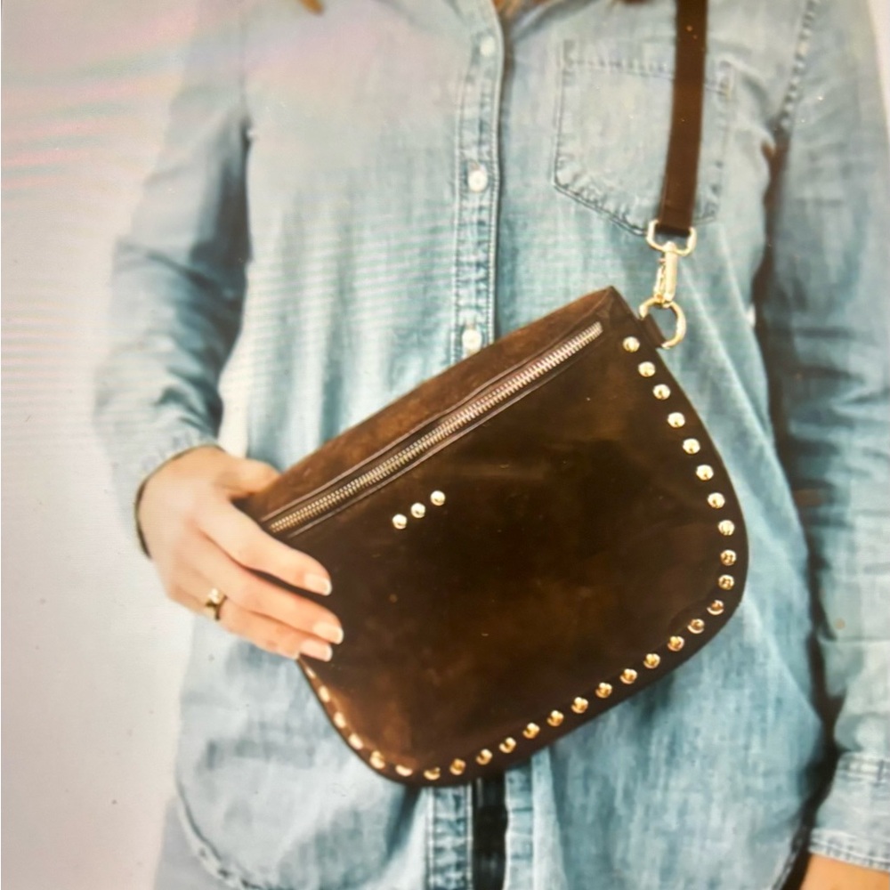 Studded Suede Crossbody Bag-Brown